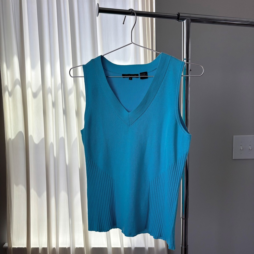 90s Vintage Jeanne Pierre Knit Tank Sweater S Blue V Neck Ribbed Preppy Fairy - Picture 7 of 11